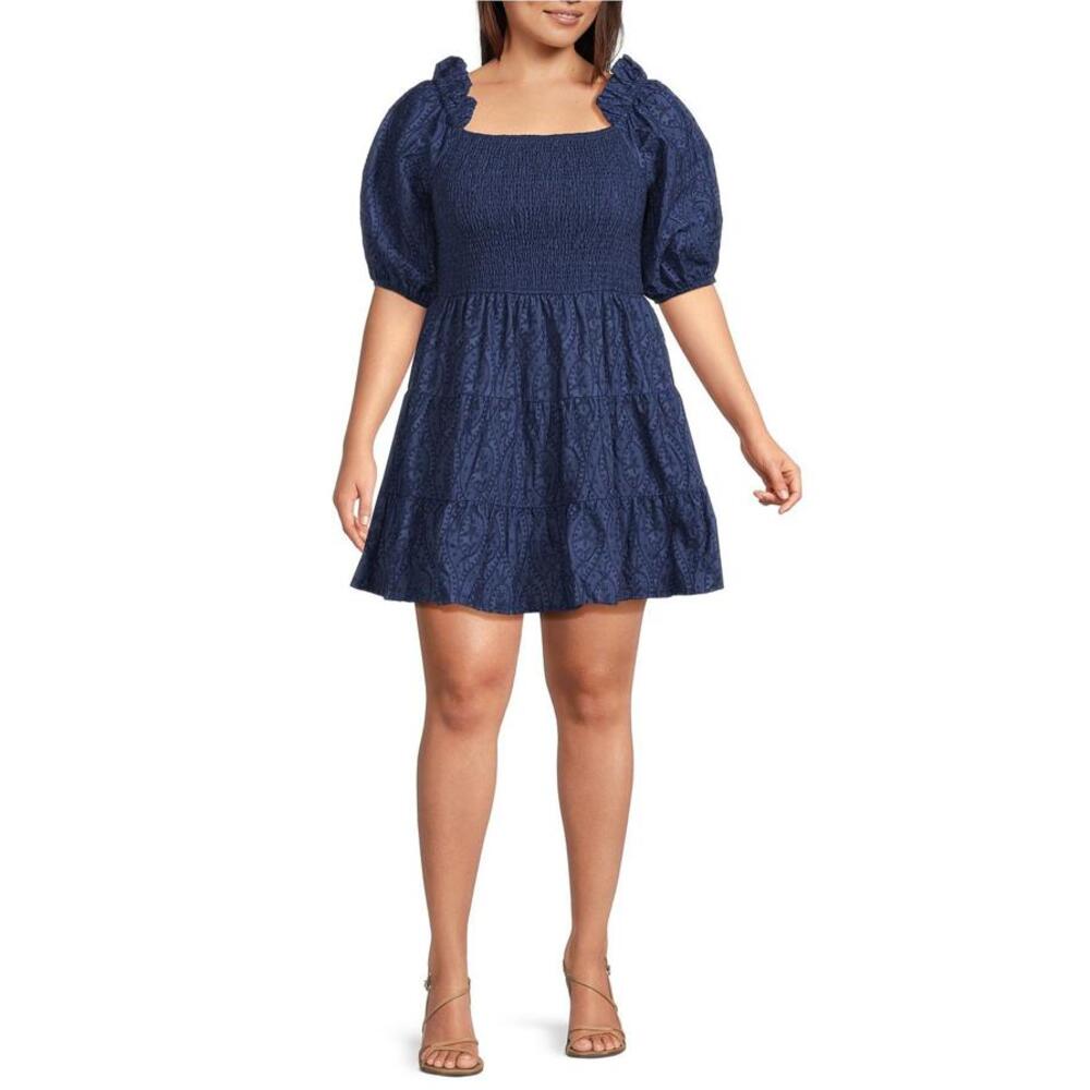 Jacquard Square Neck Short Sleeve Smock Tiered A-Line Dress